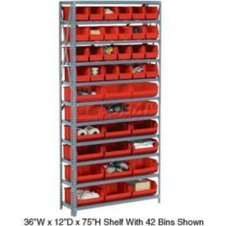 GLOBAL EQUIPMENT Steel Open Shelving with 21 Red Plastic Stacking Bins 6 Shelves - 36x12x39 603243RD